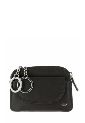 Black leather coin pouch with front flap pocket, zipper closure, and two attached silver key rings on short chains.