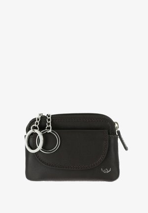 Black leather coin pouch with front flap pocket, zipper closure, and two attached silver key rings on short chains.