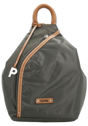 Dark green nylon bag with a brown leather handle, diagonal zipper, and white stitching. Features a prominent logo tag and smooth texture.
