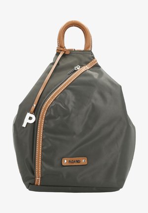 Dark green nylon bag with a brown leather handle, diagonal zipper, and white stitching. Features a prominent logo tag and smooth texture.