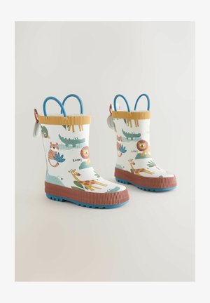 Színes gyerek esőcsizmák fehér talppal, állat mintákkal, kék gumitalppal és barna barázdált középtalppal. Kék és sárga fogantyúk a tetején.