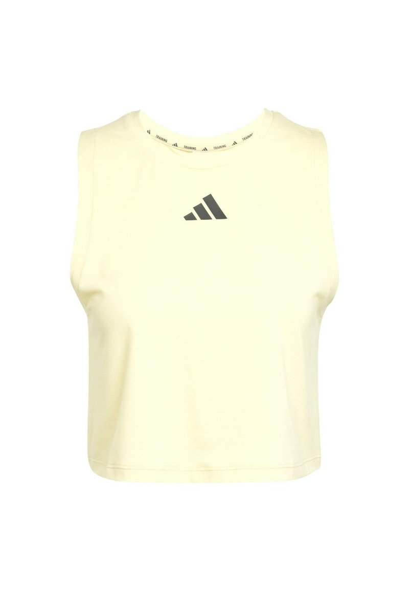 Top sin mangas recortado, hecho de una suave tela amarilla con un escote redondo y el logotipo de Adidas en gris oscuro en el pecho. Textura suave.
