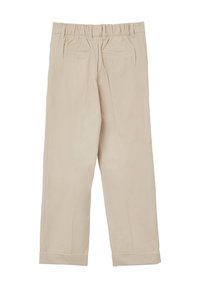 Pantalons en velours côtelé beige avec une taille élastique, design à jambes droites, dotés de deux poches arrière et de bas roulés. Texture à côtes verticales.