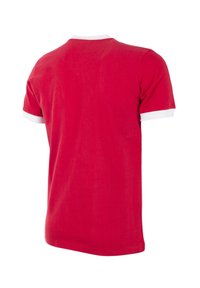 Rode katoenen T-shirt met witte kraag en mouwafwerkingen. Klassiek rondhalsontwerp. Zachte textuur, casual pasvorm met korte mouwen.