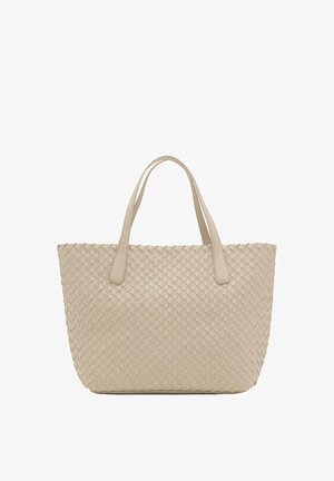 Sac cabas en cuir tissé beige avec deux bretelles et une forme rectangulaire structurée.