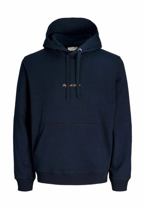 Námořnická modrá mikina z bavlněné směsi, s přední kapsou, kapucí se stahovací šňůrou a vyšitým zlatým textem na hrudi.