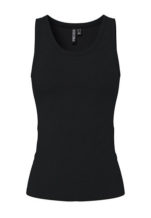 Tricou fără mâneci, negru, cu model în dungi, având un design ajustat, cu bretele late și un decolteu rotund. Fabricat dintr-un material elastic.