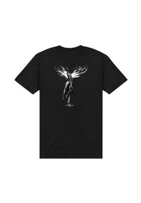 Černé tričko s bílou grafikou okřídlené postavy v brnění, která drží kopí, a textem "Diablo IV" pod ním.