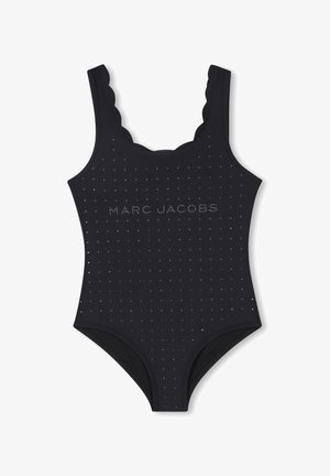 Maillot de bain noir avec des bretelles en forme de vagues, parsemé de petits accents en argent, arborant le logo "MARC JACOBS" à l'avant. Texture lisse.