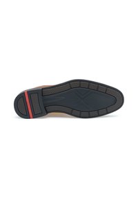Schoenzool in zwart rubber met gestructureerde grip, oranje accenten en rode details. Kenmerkt zich door een flexibel ontwerp en een opvallend loopprofiel.
