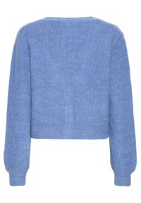 Maglione blu lavorato a maglia con finitura testurizzata, design cropped, maniche lunghe e polsini e orlo a coste. La vista posteriore mostra una costruzione senza cuciture.