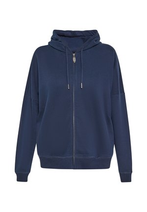 Sötétkék cipzáras kapucnis pulóver nagy kapucnival, süllyesztett vállvarrásokkal, valamint bordás mandzsettákkal és aljjal. Puha, sima textúrájú anyag.