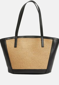 Sac cabas en cuir noir et paille tissée naturelle. Doté de deux longues poignées, d'une forme structurée et de textures contrastées.