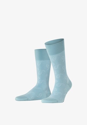 Hellblaue Knöchelsocken mit dezentem Paisley-Muster und gerippten Bündchen, nebeneinander auf weißem Hintergrund dargestellt.