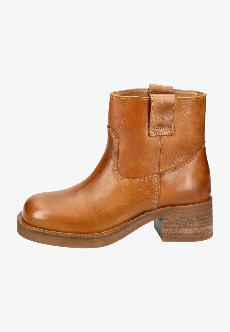 Brown leather ankle boot with a rounded toe, stitched detailing, and a low, block heel. Features a back pull tab for easy wear.