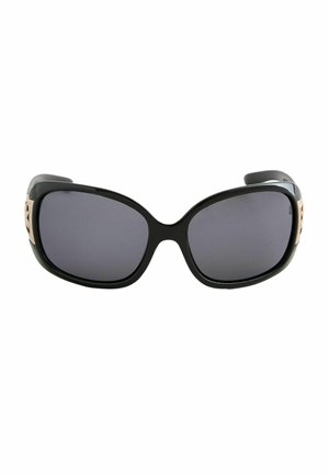 Czarne duże okulary przeciwsłoneczne z ciemnymi przyciemnianymi soczewkami i złotymi dekoracyjnymi akcentami na zausznikach.