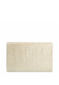 Clutch-Geldbörse aus leicht beigem, gewebtem Material mit rechteckiger Form, ausgestattet mit einer strukturierten Oberfläche und einem dezenten genähten Rand.