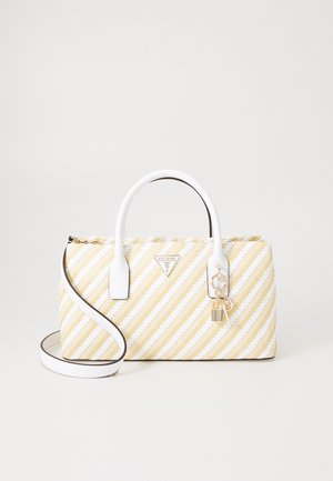 Gestreifte Handtasche aus gelbem und weißem synthetischem Material, mit zwei weißen Griffen, abnehmbarem Schulterriemen und goldfarbenen Hardware-Details.