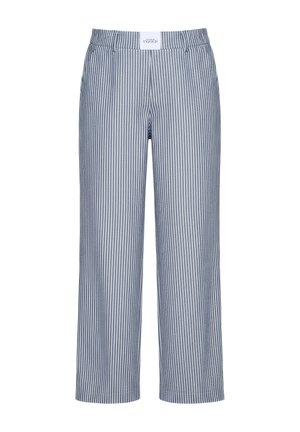 Niebiesko-białe spodnie o prostych nogawkach w pionowe paski z elastycznym paskiem i szlufkami, oznaczone Studio N°101.