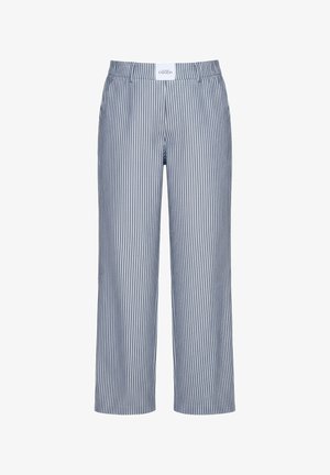 Pantalon droit rayé vertical bleu et blanc avec taille élastique et passants de ceinture, étiqueté Studio N°101.