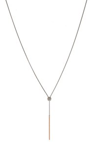 Silver-toned necklace with a smooth, thin chain; features a round loop near the center and a vertical bar pendant in rose gold.