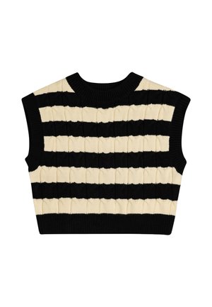 Suéter de punto recortado en negro y crema con agujeros para los brazos amplios, que presenta rayas horizontales alternadas y un patrón texturizado en toda su superficie.