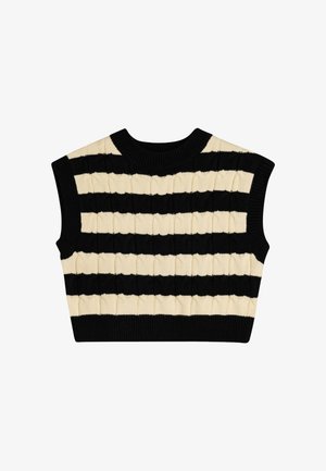 Zwarte en crèmekleurige geknipte gebreide trui met brede armsgaten, voorzien van afwisselende horizontale strepen en een textuurpatroon doorheen.