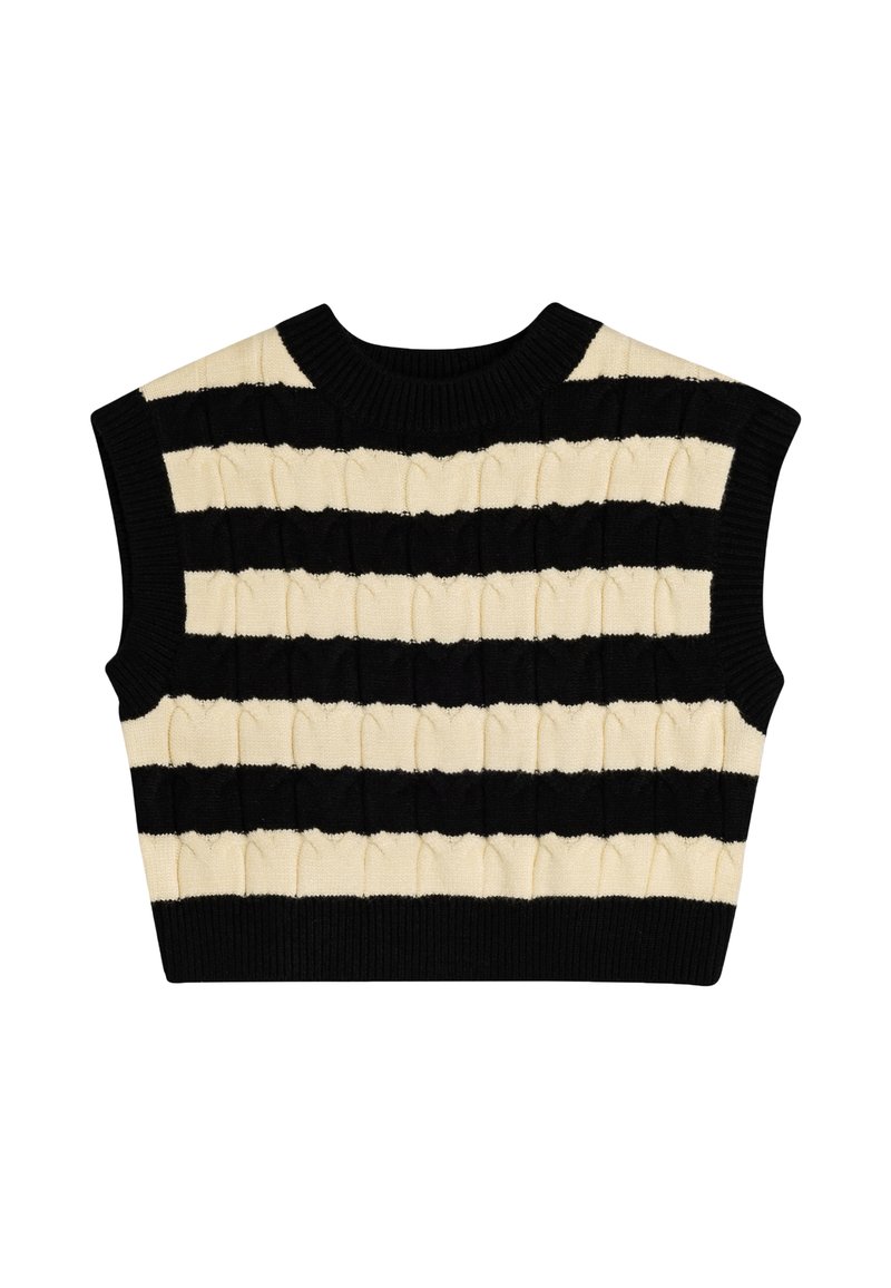 Sort og creme cropped striktrøje med brede ærmehuller, der har skiftende vandrette striber og et struktureret mønster over det hele.