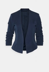 Mörkblå blazer med skräddarsydd design, långa ärmar, öppen front och mjukt tyg. Har en ren silhuett och minimala detaljer.