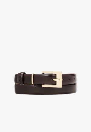 Brown leather belt with a glossy finish, featuring a rectangular gold metal buckle. Includes multiple hole adjustments for sizing.
