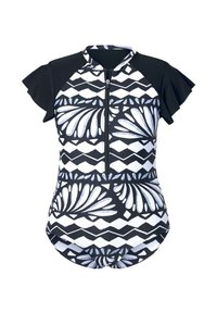 Kortärmad svart och vit baddräkt med dragkedja framtill, med ett geometriskt och blommönster, tillverkad av stretchigt material.