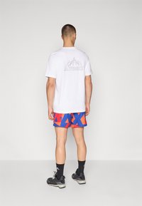 White short-sleeve t-shirt with a mountain graphic and "TERREX" logo on the back, paired with blue and red patterned shorts, black shoes, and socks.