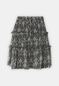 Černobílá vrstvená sukně s květinovým vzorem, zdobená volánky, s elastickým pasem a lehkou, splývavou texturou.