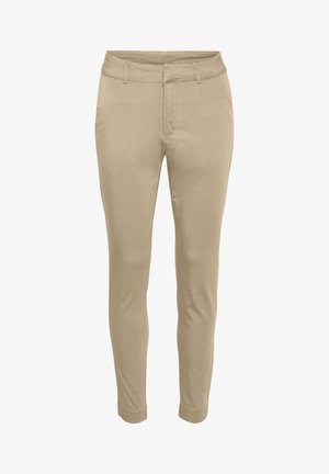 Pantalons kaki en tissu lisse, avec une coupe droite, une fermeture éclair et deux poches avant avec des détails de couture subtils.