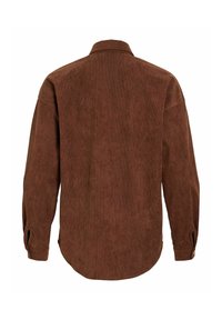Cămașă maro din catifea cu mâneci lungi și manșete cu nasturi, prezentată din spate pe un fundal alb.