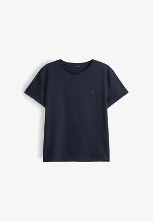 Navy blue short-sleeve T-shirt with rolled cuffs and small heart emblem on the left chest.