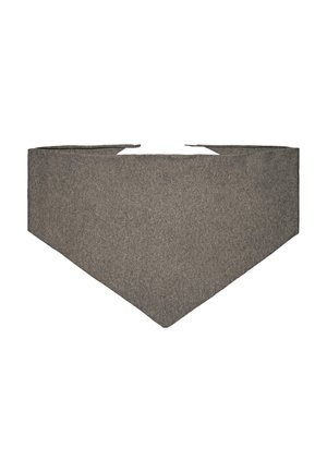 Grijze driehoekige stoffen bandana met twee lange banden die aan de bovenranden zijn vastgeknoopt, plat gelegd tegen een witte achtergrond.