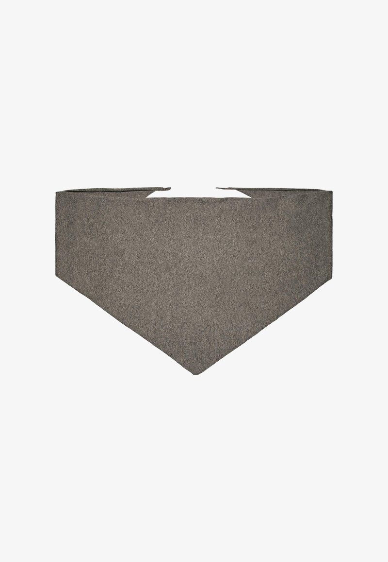 Bandana triangulaire en tissu gris avec deux longues lanières nouées aux bords supérieurs, posé à plat sur un fond blanc.