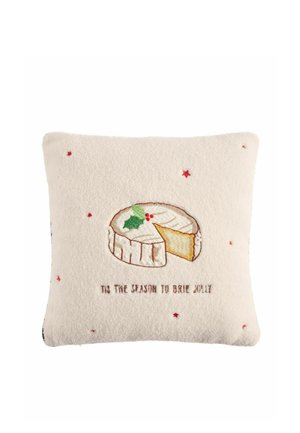 Square cream-colored pillow with embroidered cheese wheel, holly leaves, red berries, red stars, and text "Tis the season to brie jolly."