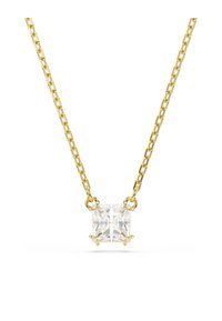 Zelta ķēdes kaklarota ar kvadrātveida caurspīdīga dārgakmens piekari, kuru droši tur četras ķepas, ar gludu ķēdes tekstūru.