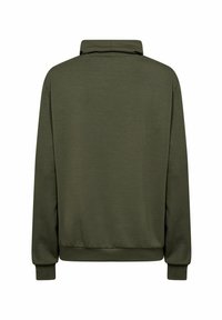 Felpa verde oliva con colletto alto, polsini e orlo a coste, caratterizzata da un tessuto liscio e leggermente strutturato. Senza motivi o dettagli visibili.