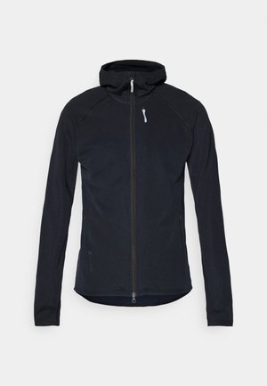 Black zip-up jacket with a hood, made of textured fabric. Features long sleeves and a slim fit with a white zip pull accent.