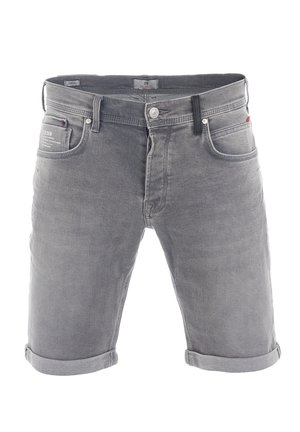 Shorts in denim grigio con orli arrotolati, design a cinque tasche e chiusura con bottone metallico. Presenta una patch con logo sul retro e una leggera scoloritura.