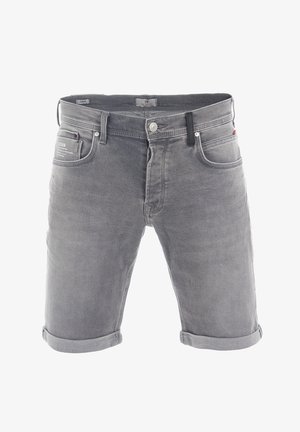 Szare szorty dżinsowe z podwiniętymi nogawkami, pięcioma kieszeniami i metalowym zapięciem. Posiadają naszywkę z logo z tyłu oraz minimalne ślady blaknięcia.