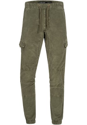 Olivgrüne Cargo-Hosen aus Baumwollmischung, mit elastischem Bund, Kordelzug, seitlichen Taschen und schmal zulaufenden Säumen.