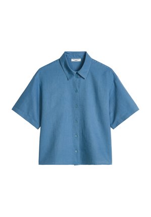 Blauw overhemd met korte mouwen, knopen, kraag, zeven knopen aan de voorkant en een rechte zoom.