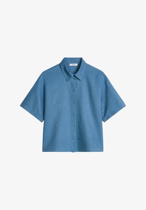 Blauw overhemd met korte mouwen, knopen, kraag, zeven knopen aan de voorkant en een rechte zoom.