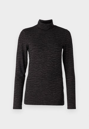 Must hõlmadega must turtleneck, millel on tekstureeritud zebra triibumuster. Pehme kangas, sobiv siluett ja kõrge kaeluse disain.
