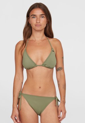 Olive green bikini featuring a triangle top with thin straps and adjustable ties at the hips. Smooth fabric with minimalistic design.
