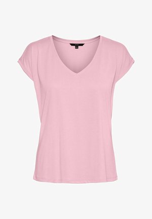 Blouse rose clair à manches courtes avec col en V et coupe décontractée, en tissu doux, présentée sur fond blanc.